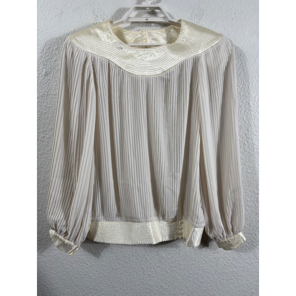 ZiZi by Barbara Chados Vintage Ivory Pleated Blouse Satin Trim Womens Large - Picture 1 of 6